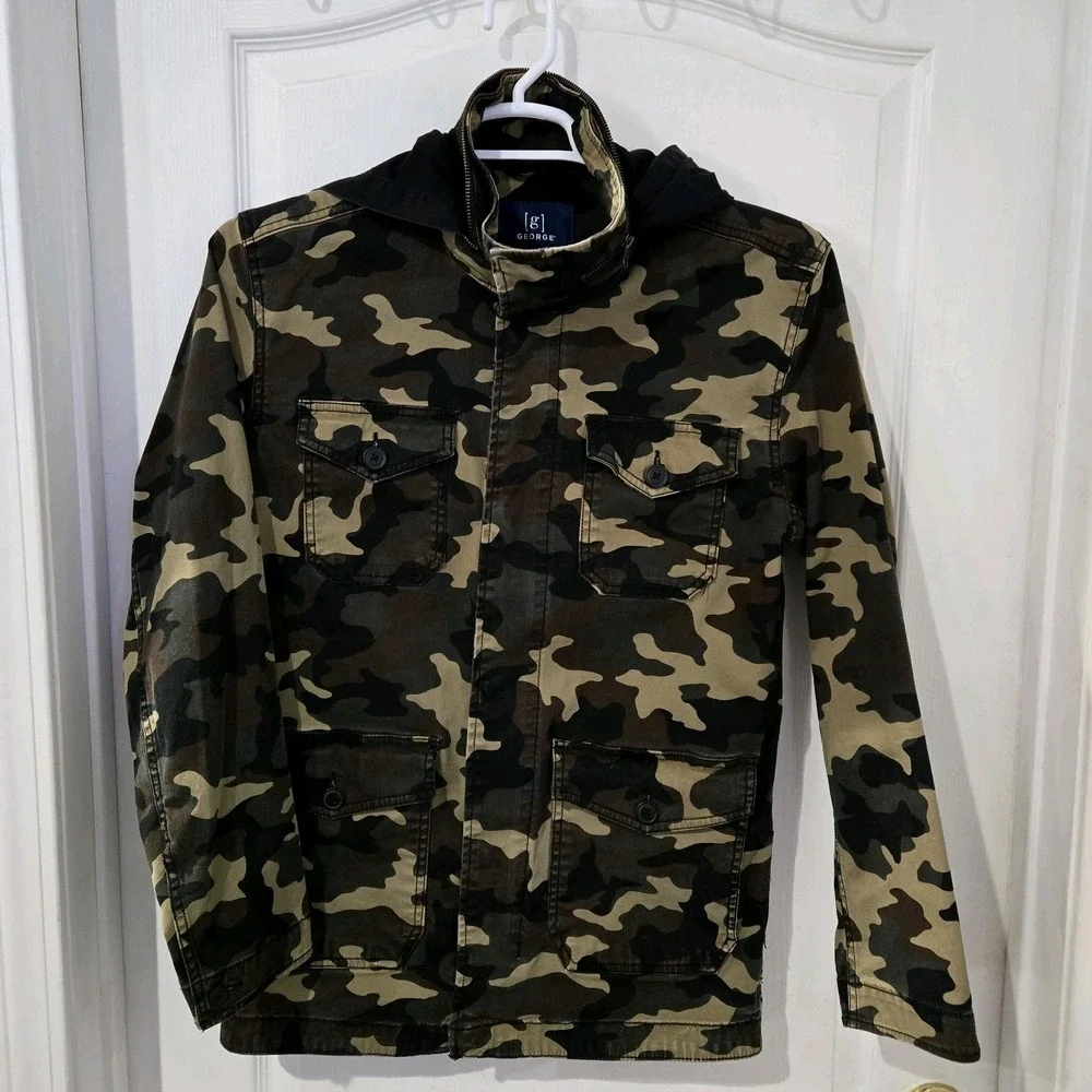 Mens George Camo Jacket With Hood Size Small Hunting, Streetwear